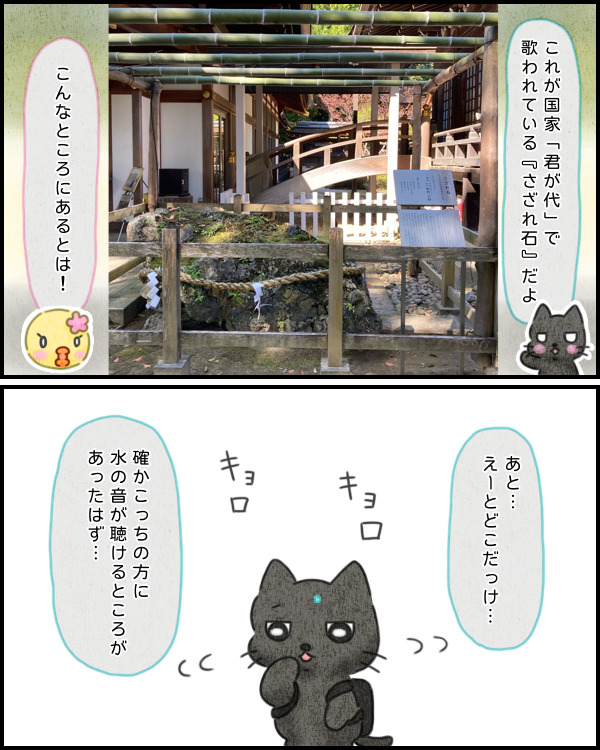 武田神社のさざれ石を見つけて見学するぴのりとクロにゃん