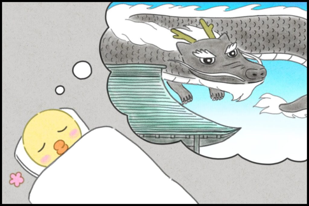 鷲宮神社に大きな龍神さんが浮かんでいるイメージを想像したぴのり